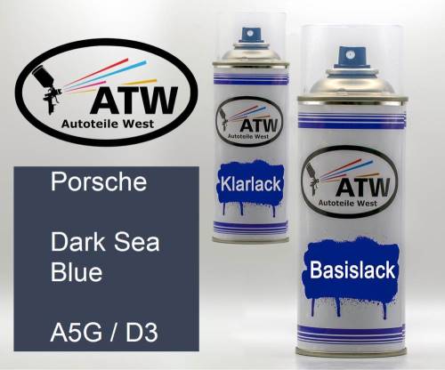 Porsche, Dark Sea Blue, A5G / D3: 400ml Sprühdose + 400ml Klarlack - Set, von ATW Autoteile West.